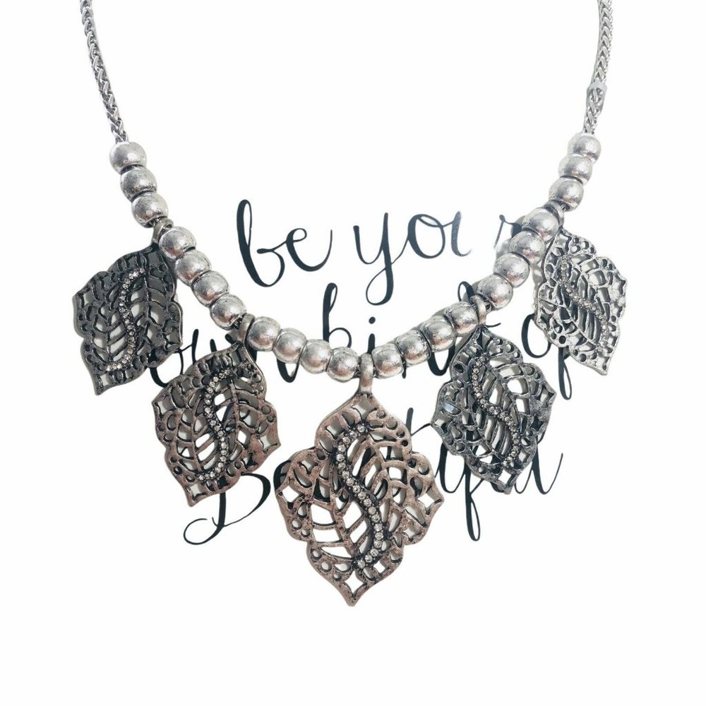 Statement Necklace Silver Tone Gunmetal Rhinestone Bead Necklace